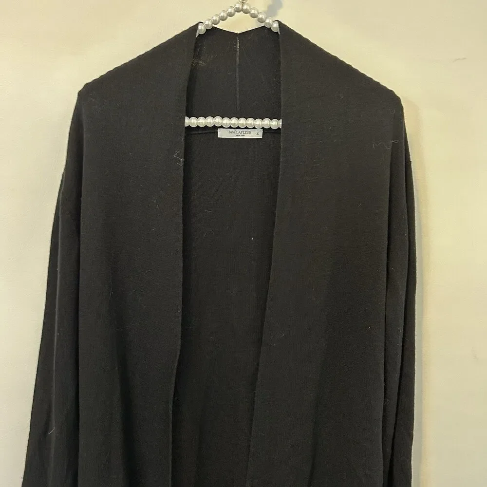 MM Lafleur womens M merino wool long line open front black cardigan sweater